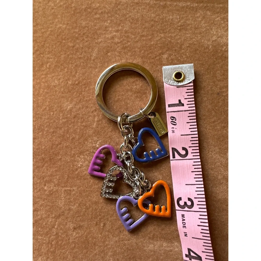 Coach Multi Color Enamel Heart Charm Keychain Silver Tone Rhinestone Key Ring